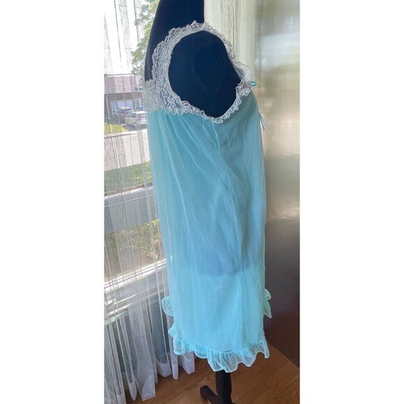Vintage 60s night dress, blue lined sleeveless nightgown, sheer negligee - Picture 5 of 8